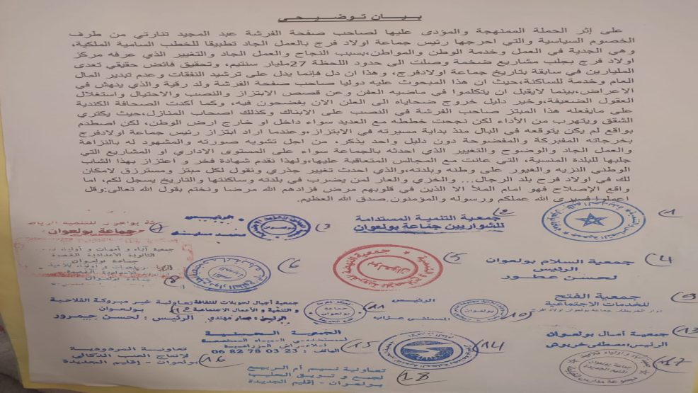 فعاليات المجتمع المدني بأولاد افرج ترد في بيان استنكاري على مسير احدى الصفحات المتسمة ب”الابتزاز”