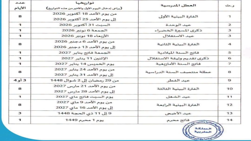 55يوما من العطل المدرسية خلال الموسم الدراسي 2026-2027